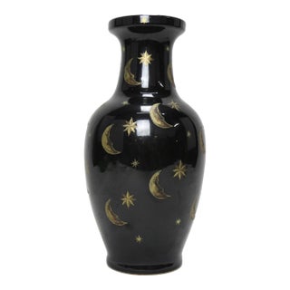 Black Ceramic Vase With Gold Moon and Star Motif For Sale