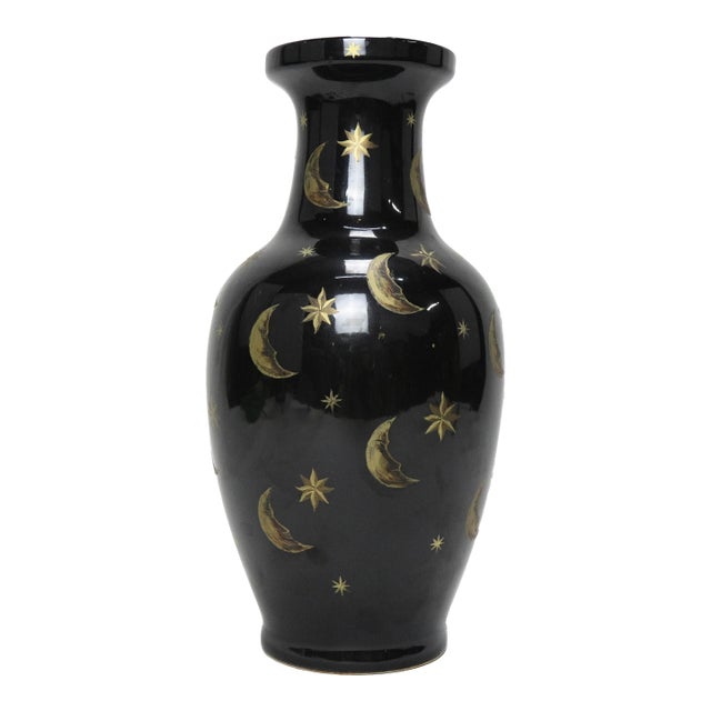 Black Ceramic Vase With Gold Moon and Star Motif For Sale