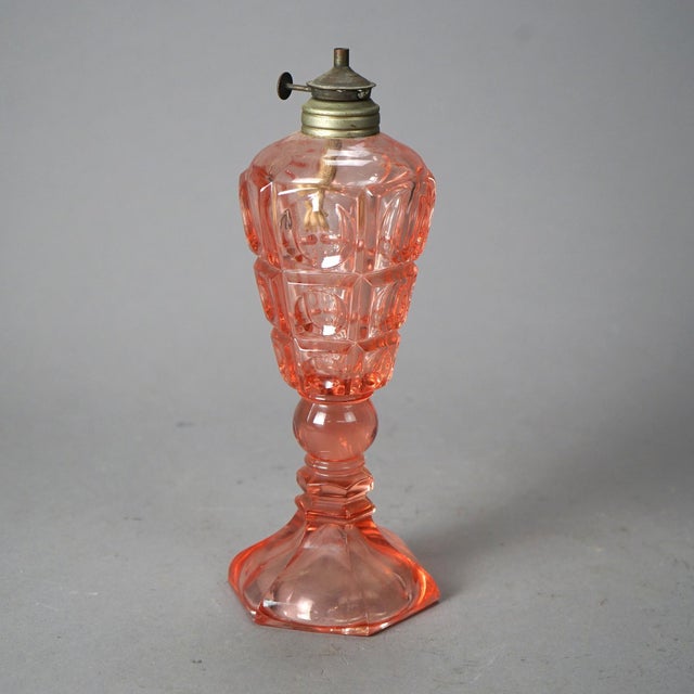 Antique Pink Coinspot Pressed Glass Oil Lamp Circa 1840 For Sale - Image 6 of 10