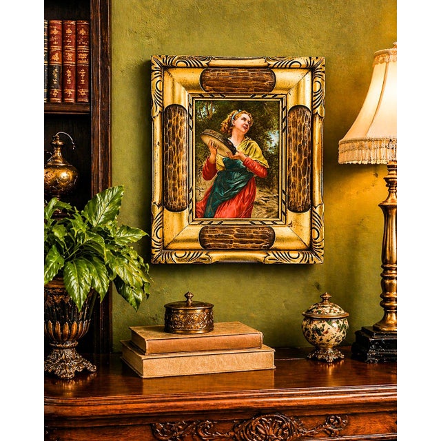 A richly decorative example of turn-of-the-century European craftsmanship, this circa 1900 German porcelain painted tile...