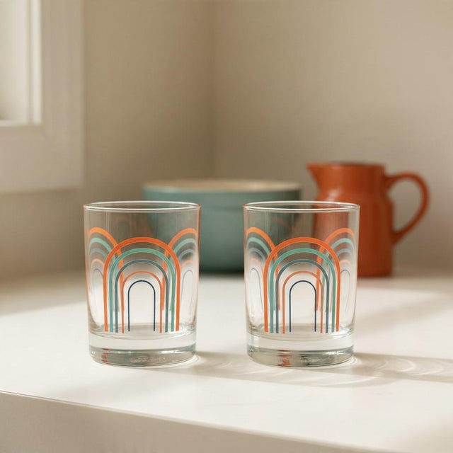 Glass Vintage 1990s Fiesta Rainbow Arches Drinking Glasses-Set of 2-Retro Tumblers- For Sale - Image 7 of 11