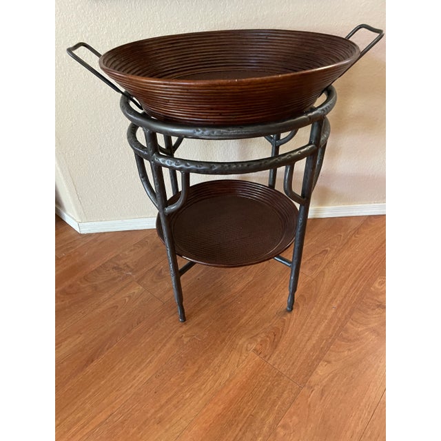 Brown 1960s Vintage Wrought Iron Bamboo and Wicker Tray Table For Sale - Image 8 of 9