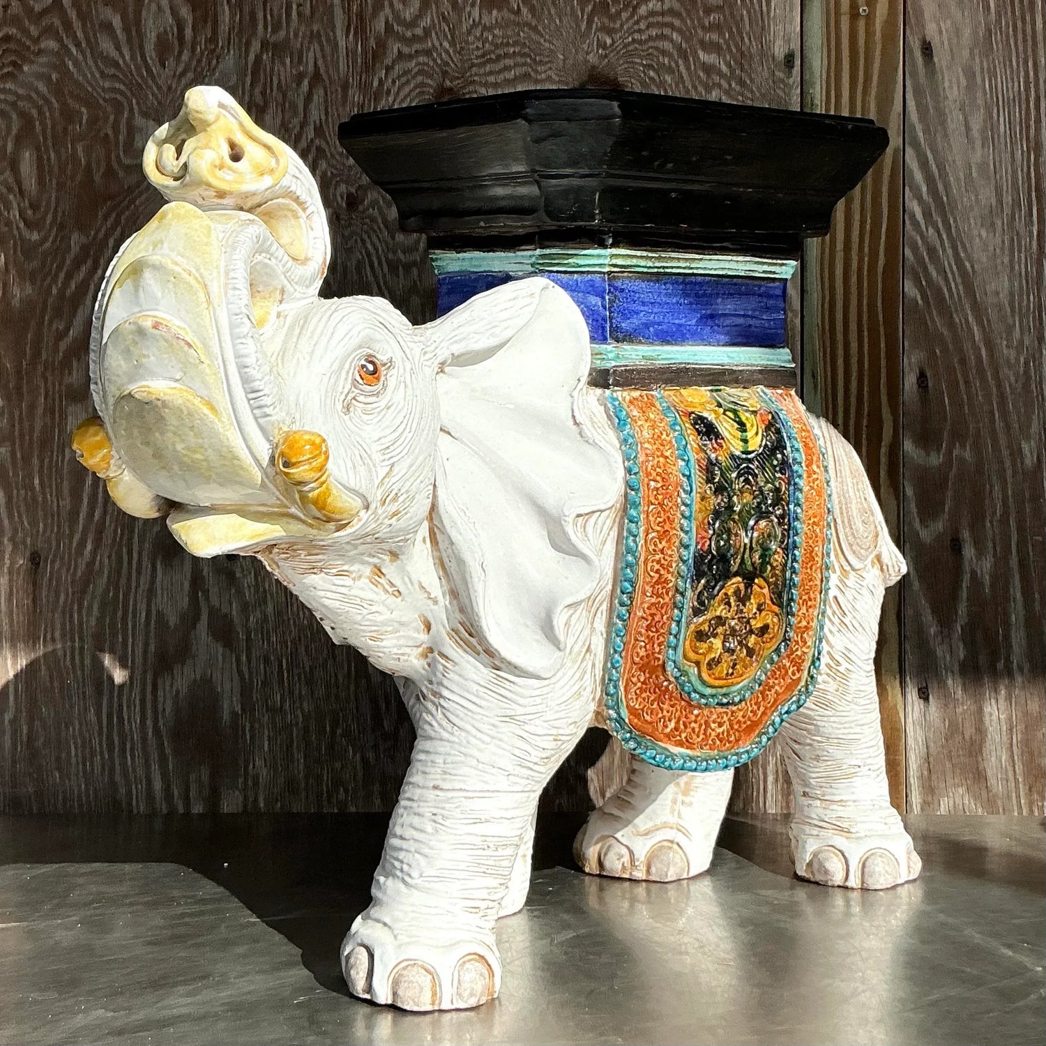 Vintage Boho Glazed Ceramic Elephant Low Stool - Ceramic, 26W x 21.25H — additional photo 7