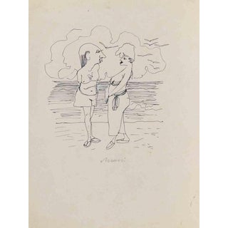 Mino Maccari, At the Beach, Watercolor on Paper, 1960s For Sale
