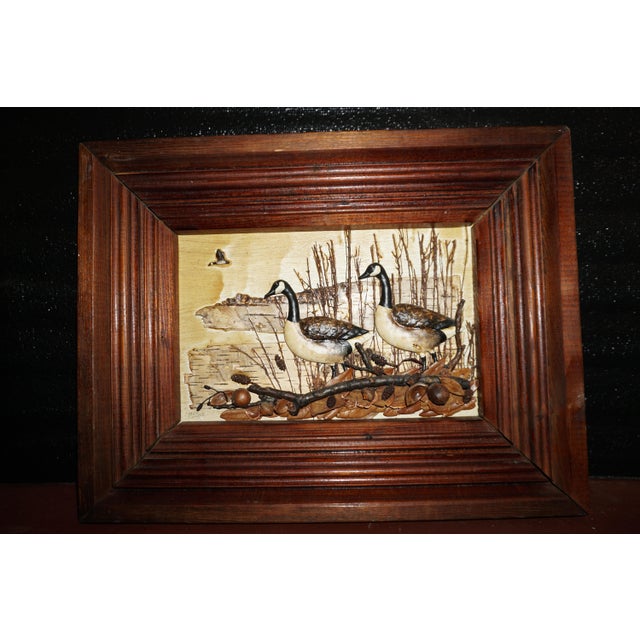 Cabin Signed McGee Mixed-Media Canada Geese Wildlife Diorama in Wood Frame For Sale - Image 3 of 6