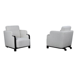 Art Deco Armchairs in Bouclé and Black Lacquered Wood, Prague, 1930s, Set of 2 For Sale