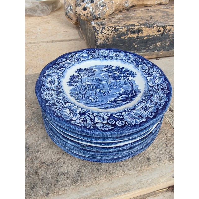 1940s Vintage Staffordshire Blue and White Liberty Blue Bread Plates - Set of 8 For Sale - Image 5 of 5