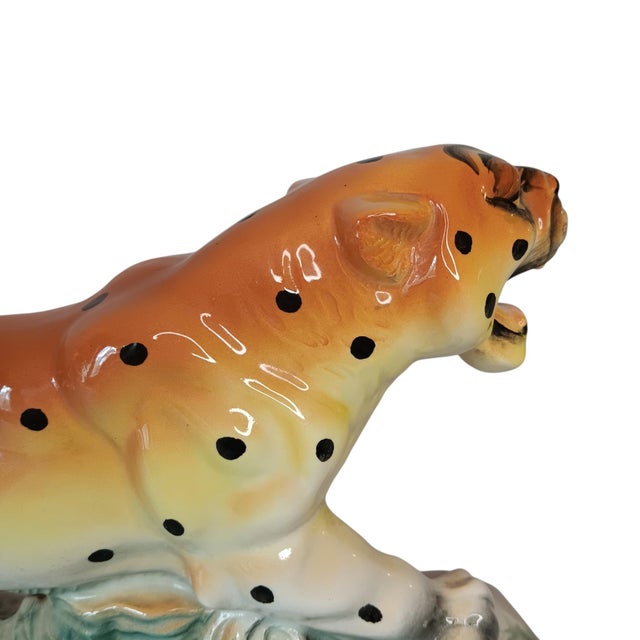 Ceramic Vintage Ceramic Leopard Cheetah Statue Figurine on Green & Brown Base 12" X 3" X 6" Made in Japan For Sale - Image 7 of 17