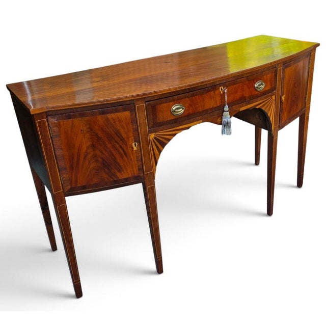 English English George III Sheraton Mahogany Bowfront Sideboard With Fan Marquetry, Circa 1790–1810 For Sale - Image 3 of 18