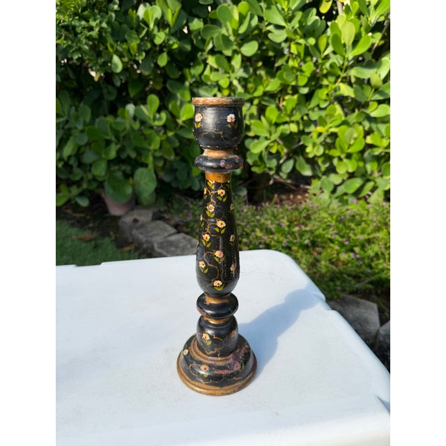 Vintage Hand-Painted Floral Folk Art Candlestick Sculpture For Sale - Image 4 of 12