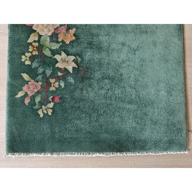 Green 1920s Small Wool Pile Green Open Field Antique Floral Chinese Deco Throw Rug For Sale - Image 8 of 8