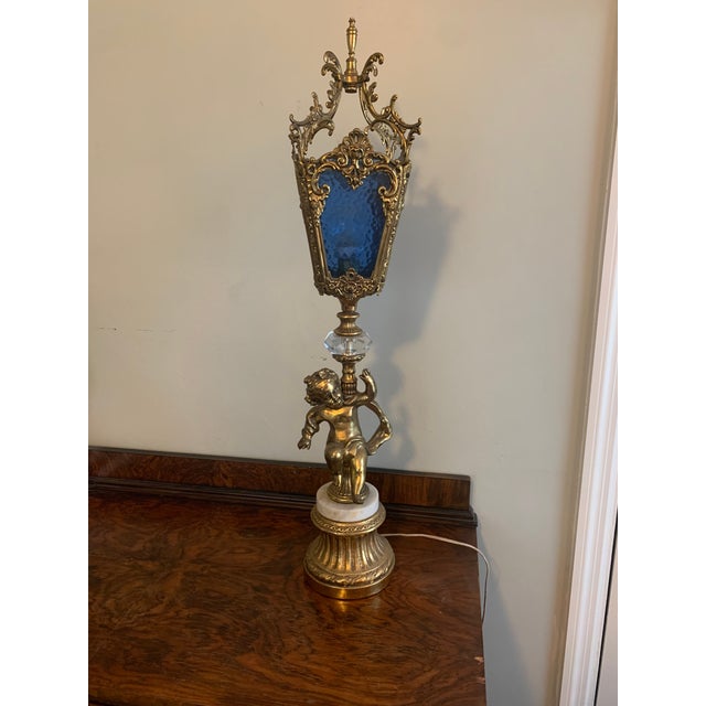 1930s French Gilt Cherub Lamp With Glass and Marble Details For Sale - Image 4 of 5