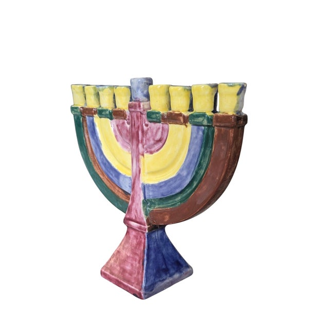 Vintage Hand Painted Ceramic Studio Pottery Menorah For Sale In Charlotte - Image 6 of 16