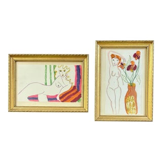 1970’s Vintage Pair of Colorful Drawings of Nude Women For Sale