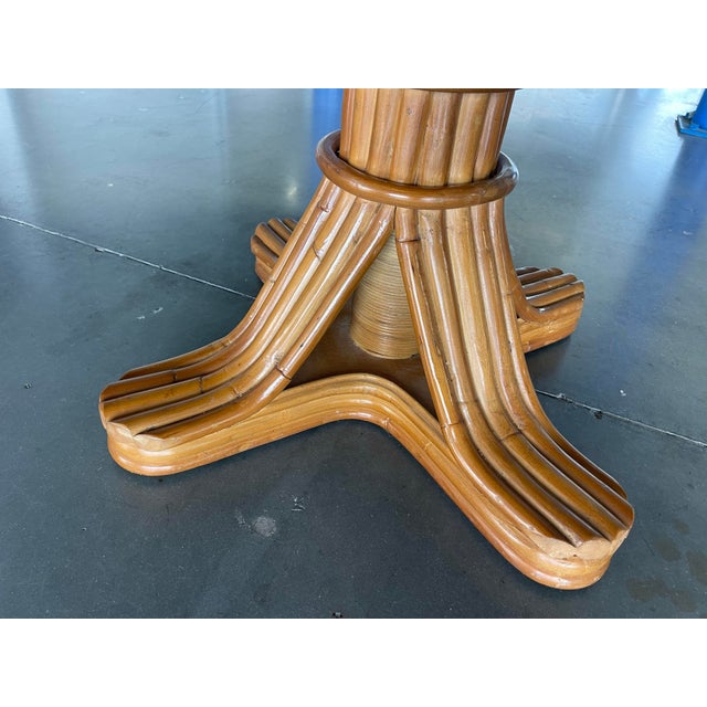 Brown Faux Bamboo Rattan Pedestal Dining Table With Glass Top For Sale - Image 8 of 12