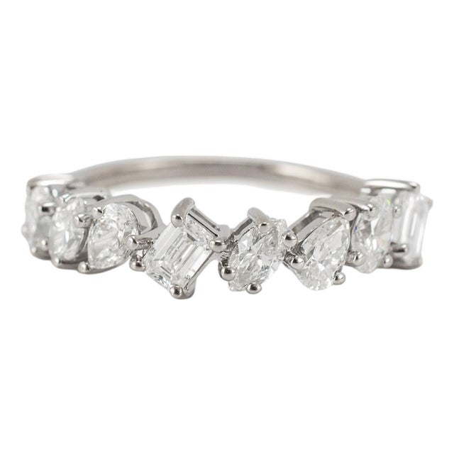 14k White Gold 1.52ctw Staggered Mixed Multi Shape Diamond Eternity Band Ring, Size 6.5 For Sale