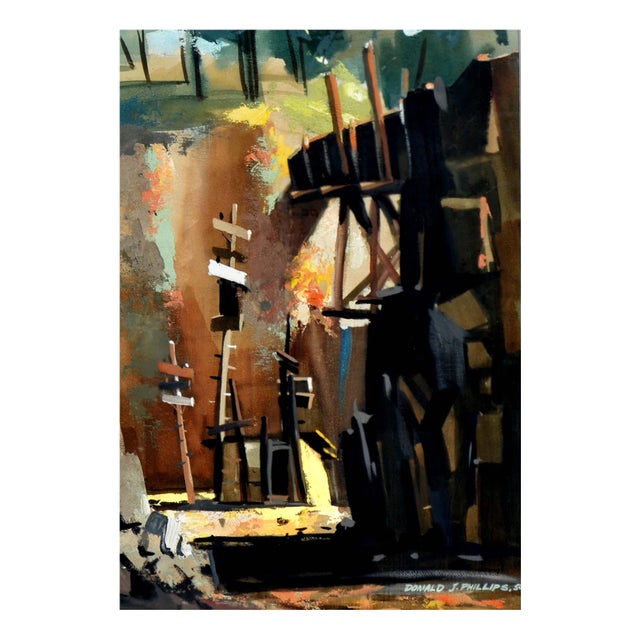 Mid Century Modern Boats and Bridge, Abstracted Maritime Landscape Painting Wonderful mid-century modern abstracted...