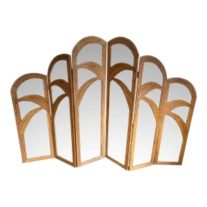1970 Bamboo Mirrored Tri-Fold 6 Panels Room Divider
