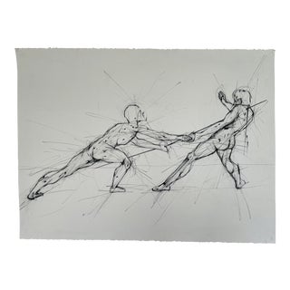 Contemporary Figurative Black and White Charcoal Sketch of a Sword Fight For Sale