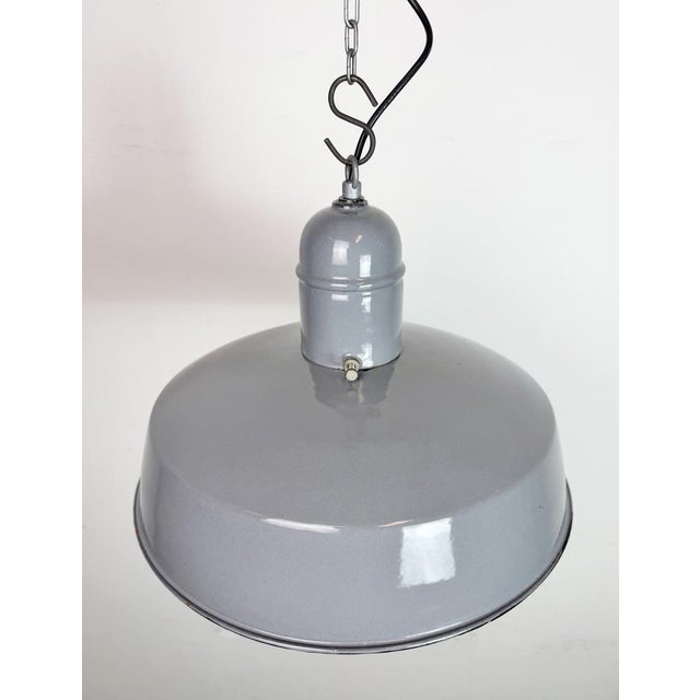 Metal Industrial Grey Enamel Factory Pendant Lamp, 1960s For Sale - Image 7 of 18