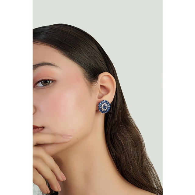 9.69ct Deep Blue Sapphire & Diamond Floral Halo Stud Earrings in 14k White Gold- A Pair For Sale - Image 10 of 14