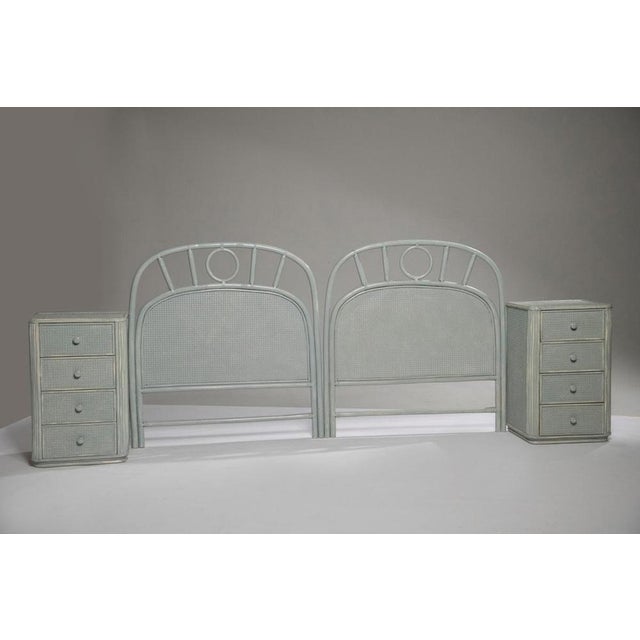 Vintage Distressed Rattan and Bamboo Headboard and Bedside Tables, 1970s, Set of 4 For Sale - Image 4 of 17