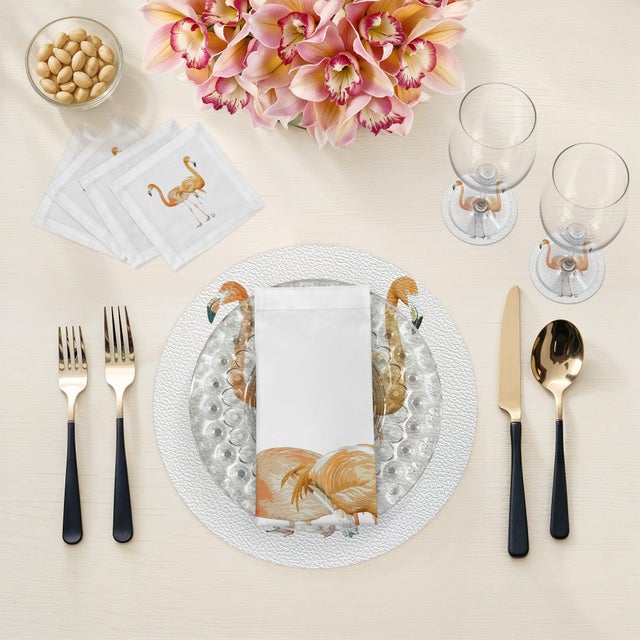 2020s Flamingos in the Mirror Granada Cotton Sateen Cocktail Napkins, Set of 4 For Sale - Image 5 of 6