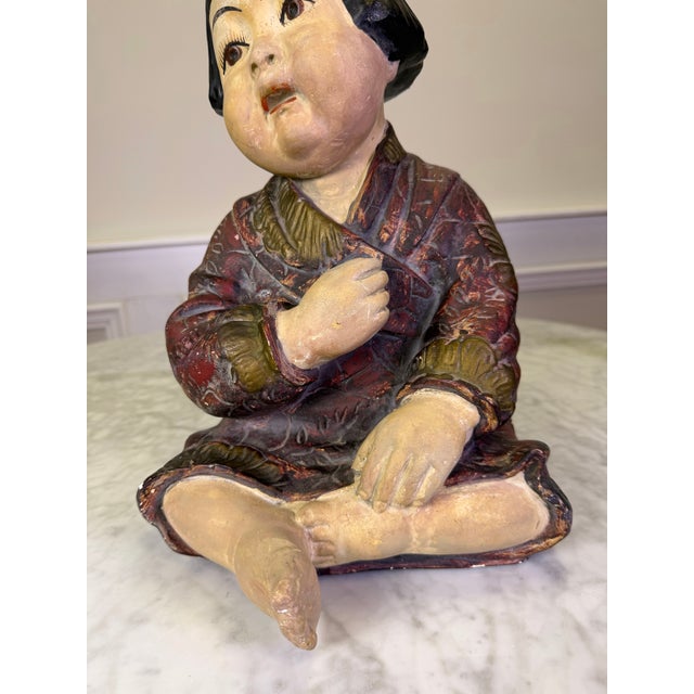 Art Deco Antique 1930s Art Deco Esther Hunt Style Polychrome Chalkware Seated Asian Child Figurine For Sale - Image 3 of 9