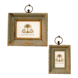 Pair of Distressed Grey Wood Picture Frames With Gilt Detail For Sale