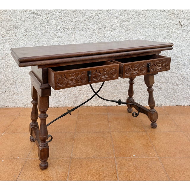 1940s Spanish Carved Wood Drop-Leaf Table With Iron Stretcher For Sale - Image 4 of 12