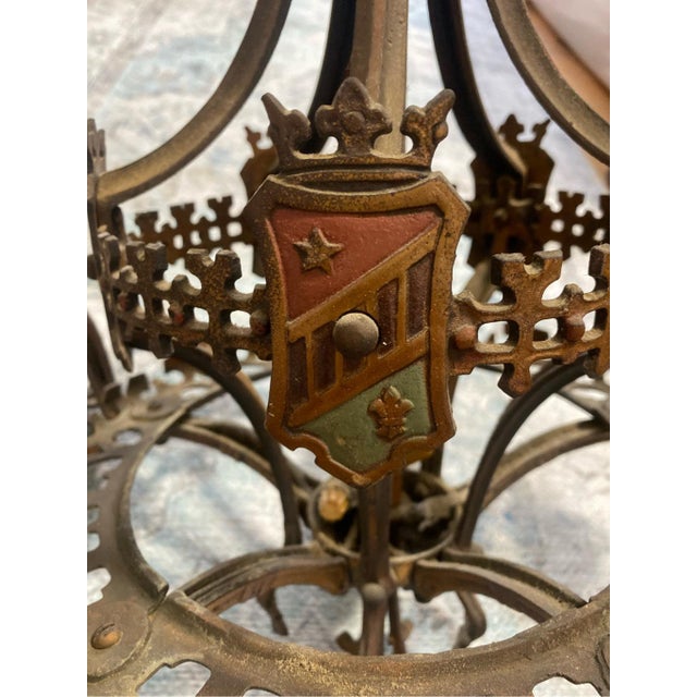 Metal Antique Lighting 1920s Chandelier French Gothic Crest Sheild by Lincoln For Sale - Image 7 of 9