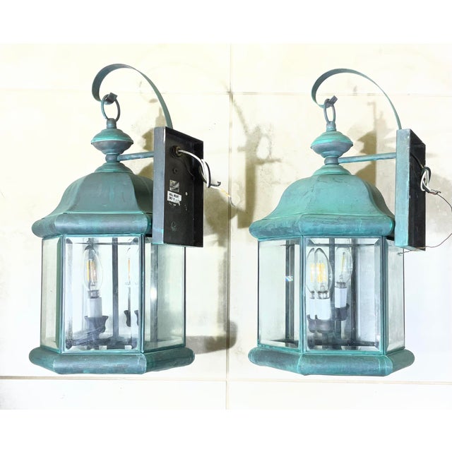 Metal Pair of Solid Brass Outdoor Wall Lantern Sconces – Vintage Aged Verdigris For Sale - Image 7 of 15
