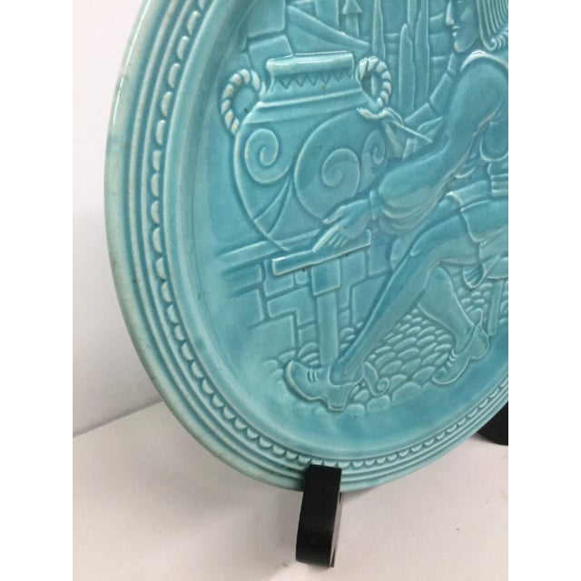 Contemporary Vintage Aqua Ceramic Plate With Stand For Sale - Image 3 of 8