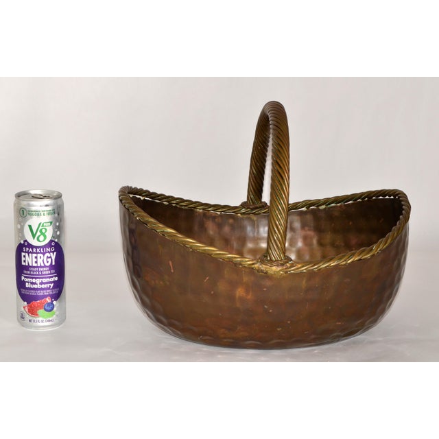 Metal 50s Ramon Ramirez Style Arts & Crafts Heavy Brass Basket Planter Hammered Patina For Sale - Image 7 of 14