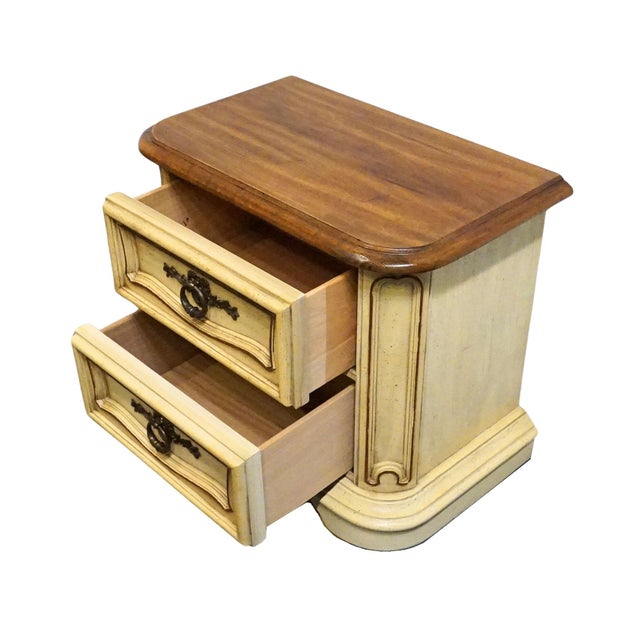 Stanley Furniture Solid Pecan Antiqued Yellow Cream Painted Mediterranean 27" Two Drawer Nightstand For Sale In Kansas City - Image 6 of 11