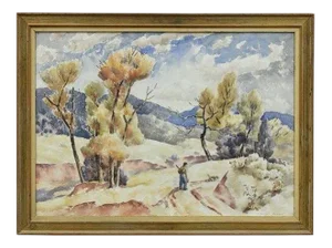 1930s Vintage Framed Watercolor Painting by Russell Cowles, the Rabbit Hunter - 1 Piece