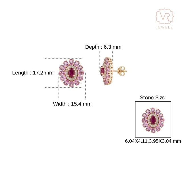 6.55ct Ruby Pink Sapphire & Diamond Cluster Victorian Stud Earrings in 14k Gold- A Pair For Sale - Image 11 of 14