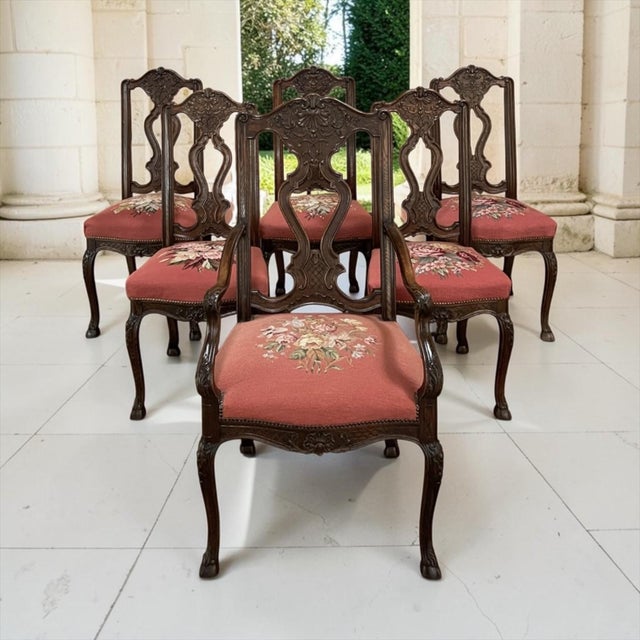 French Set of 6 Antique Liegeoise Needlepoint Dining Chairs Includes 1 Armchair For Sale - Image 3 of 18