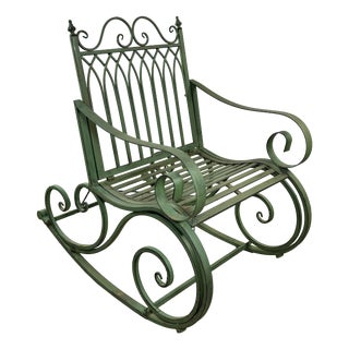 Patinated Green Wrought Iron Rocking Chair, 1990s For Sale
