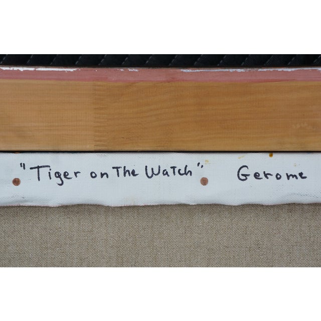 Textile Late 20th Century Tiger on the Watch Camel Landscape Oil Painting After Jean Leon Gerome 46" For Sale - Image 7 of 13
