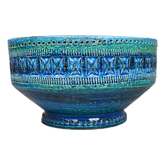 Rimini Blu Glazed Ceramic Footed Centerpiece Bowl by Aldo Londi by Bitossi, 1950s For Sale