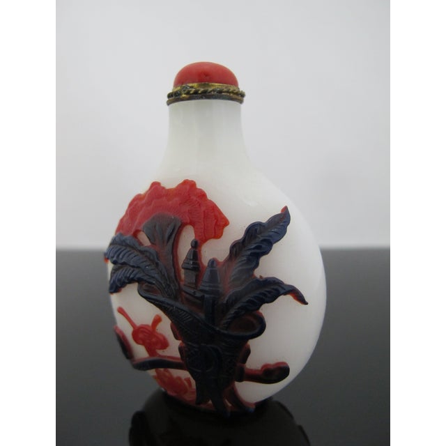 Chinese Ruyi Crab Lotus Carved Overlay Red & Blue Peking Glass Snuff Bottle For Sale - Image 9 of 11