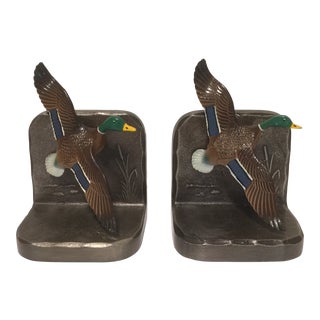 Metal Painted Mallard Duck Bookends - a Pair For Sale