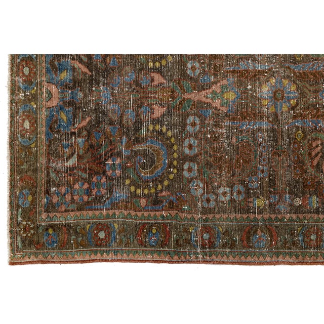 1920s Antique Mahal Runner Rug – Distressed Terracotta & Muted Blue Wool For Sale - Image 5 of 9