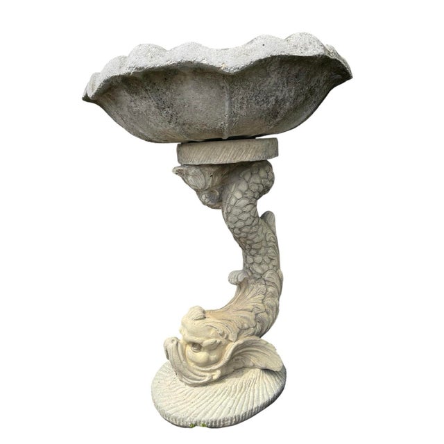 2000 - 2009 Vintage Scalloped Cast Stone Dolphin Birdbath For Sale - Image 5 of 11