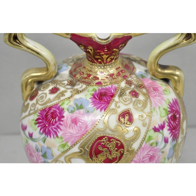 Antique Nippon Moriage Porcelain Twin Handle Ball Vase W/ Hand Painted Roses For Sale - Image 4 of 14