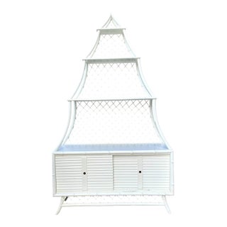 Vintage White Rattan Pagoda Etagere For Sale