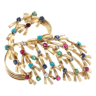 Mid 20th Century Diamond Multicolor Gems 18k Yellow Gold Large Floral Bouquet Brooch Pin For Sale