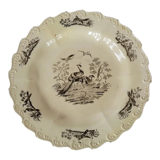 18th C Creamware Black Transfer Pheasant Bird 10" Plate by Sadler & Green For Sale
