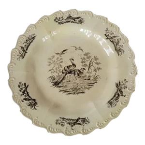 18th C Creamware Black Transfer Pheasant Bird 10" Plate by Sadler & Green